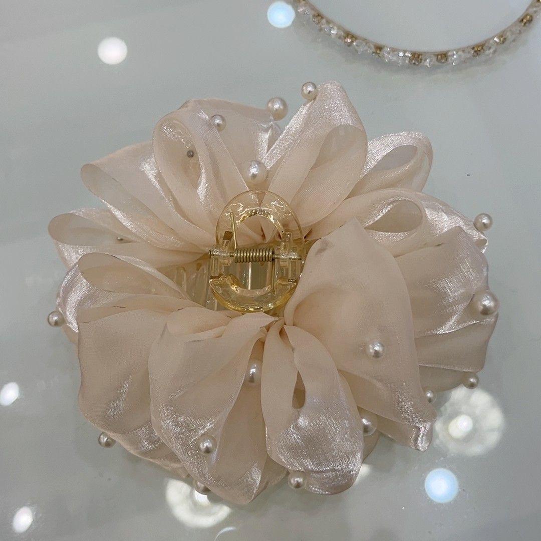 Elegant French Pearl Bow Claw Clip: Large Mesh Hair Accessory for Women
