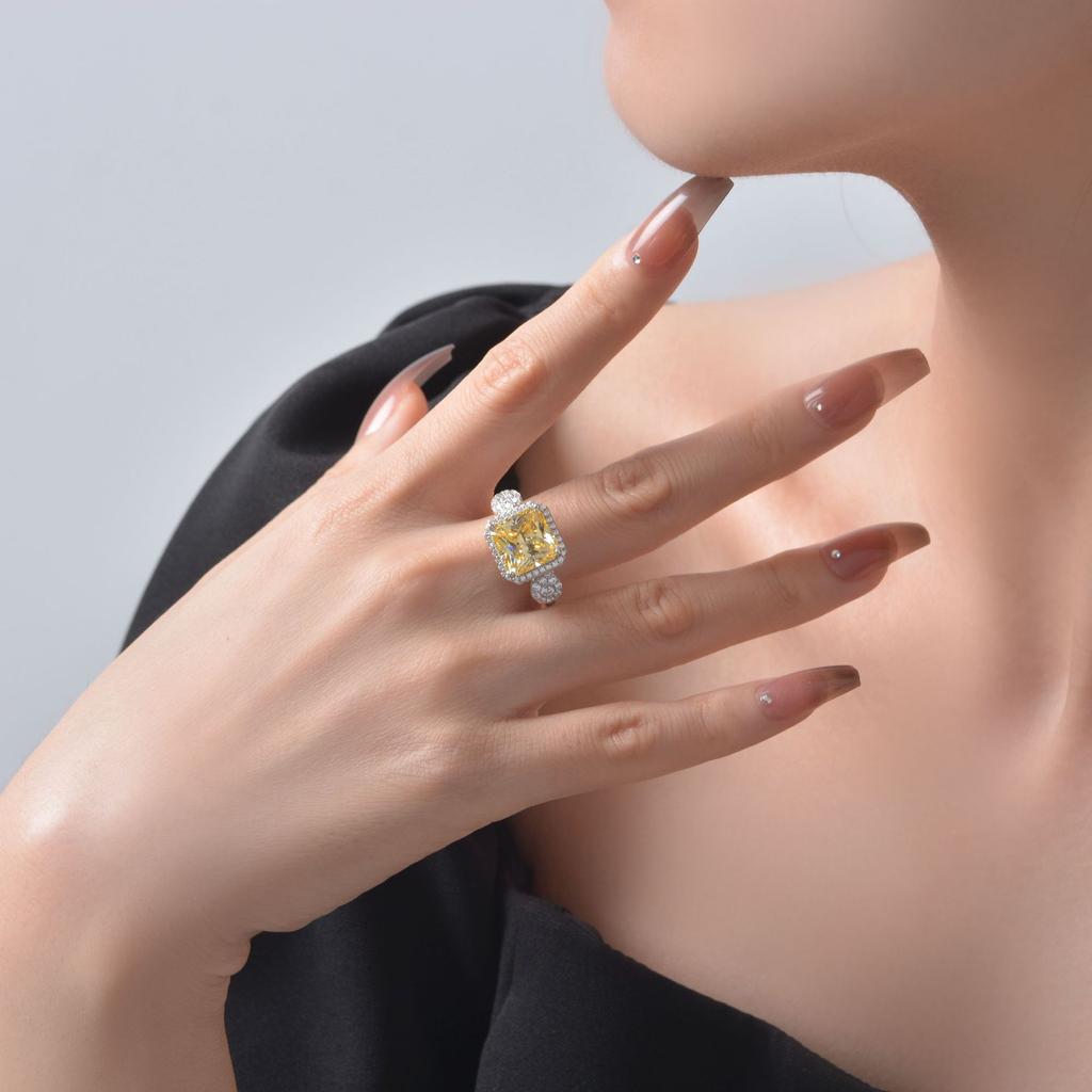 Tancise Jewelry Yellow 10 * 10 Zircon Surround Ring Fashion Personality 925 Silver Women's Ring
