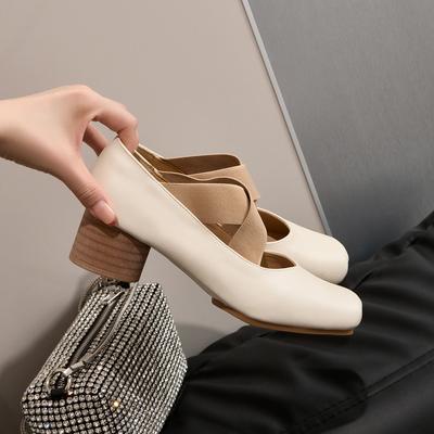 Ballerine in Pelle Mary Jane Scarpe Singole Vintage Cinturino Incrociato Tacco Quadrato Tacco Alto Scarpe da Ballo con Punta a Musetto di Maiale