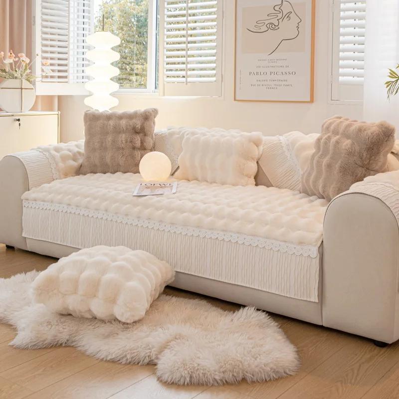 New Thicken Imitation Rabbit Fur Plush Sofa Slipcover Non-slip Soft Sofa Towel Couch Cushion for Living Room Modern Home Decor