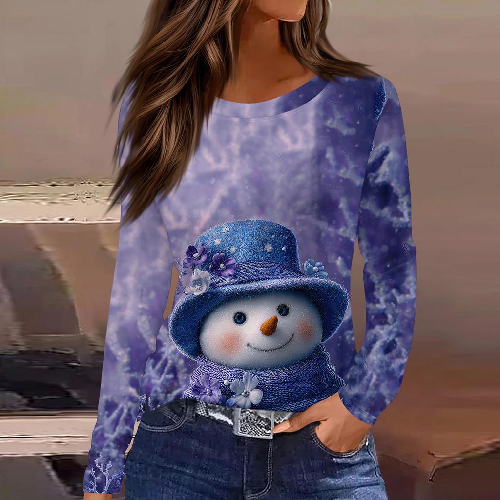 Women's Fashion Casual Slit Hem Round Neck Long Sleeve Loose Printed T-Shirt Ladies Top Christmas