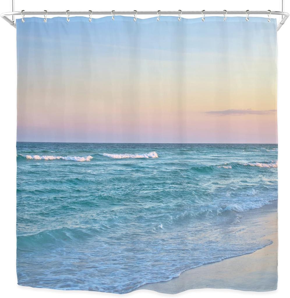 Ocean Beach Shower Curtain Bathroom Decorative Beach Hawaiian Art Print Fabric Shower Curtain Waterproof 12 Plastic Hook