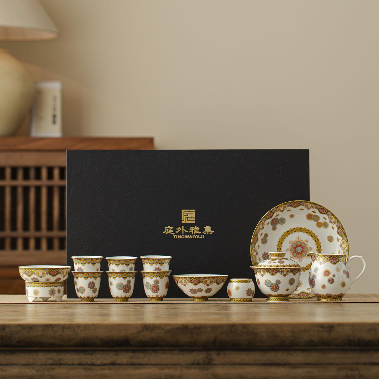 

12pcs Enamel Color Tea Set Flower Pattern Tea-sipping Cup Fair Mug Covered Bowl Exquisite Household Tea Sets in Gift Box 12pcs set with box золотой
