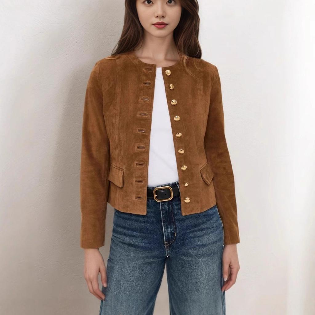 New Women's Vintage Suede Single-breasted Short Blazer, Fashion Elegant Casual Outerwear for Women, European & American Style