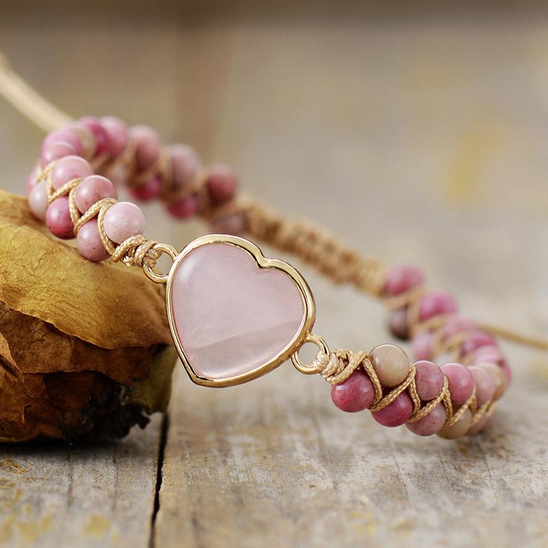 Peach Heart Shape Double Layer Natural Stone Hand Woven Bracelet Adjustable Bracelet
