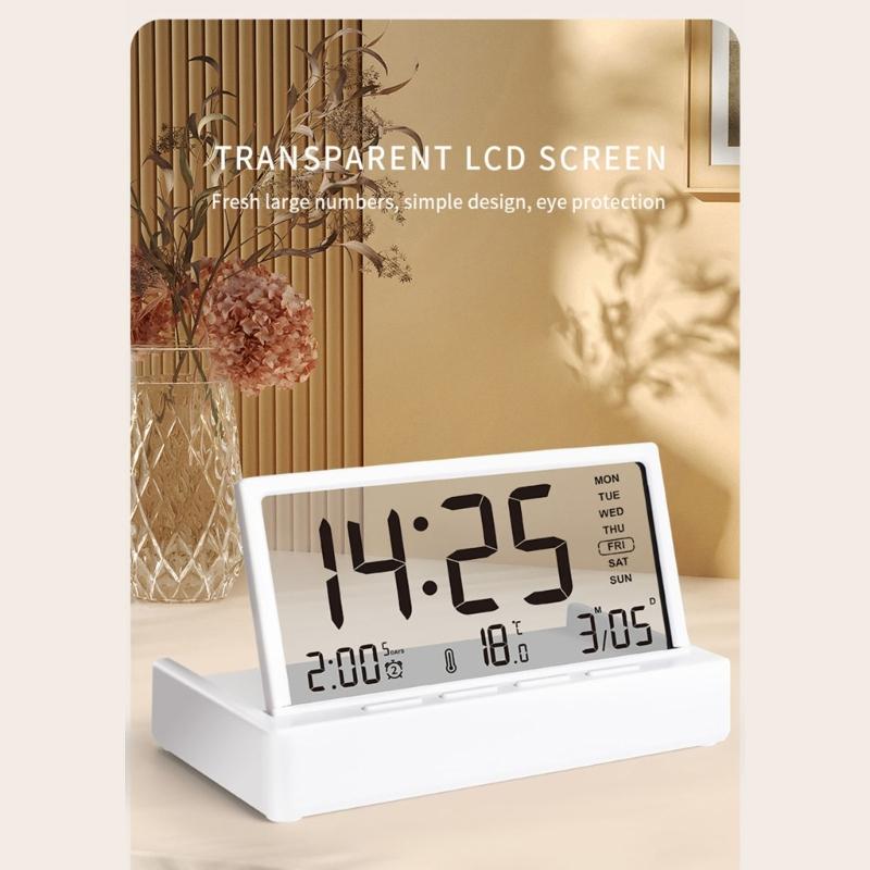 Digital Alarm Clock Foldable Design Quiets Operations Temperature Date Display LCD Transparent Screen For Home Office