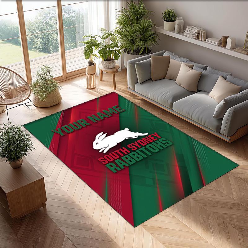 South Sydney Rabbitohs Crystal Velvet Rug, Custom Name Text Personalized Non‑Slip Floor Mat for Home Decor Gift
