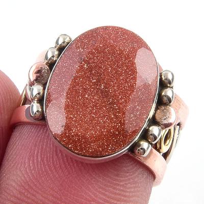 Natürlicher Sonnenstein Edelstein Handgefertigt 925 Sterlingsilber Zweifarbig Ring Größe 6 Q6y75