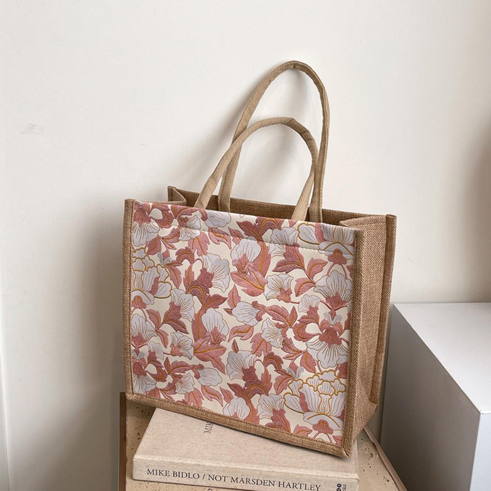 New Fashion Large Capacity Embroidery Flower Tote Bag Top-handle Lightweight Women Handbag Portable Shoulder Bag Daily Office