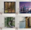 Retro Fenster Duschvorhang Set Herbstwald Wasserfall Vintage Straße Blume Pflanze Moderne Architektur Landschaft Badezimmer Sichtschutz