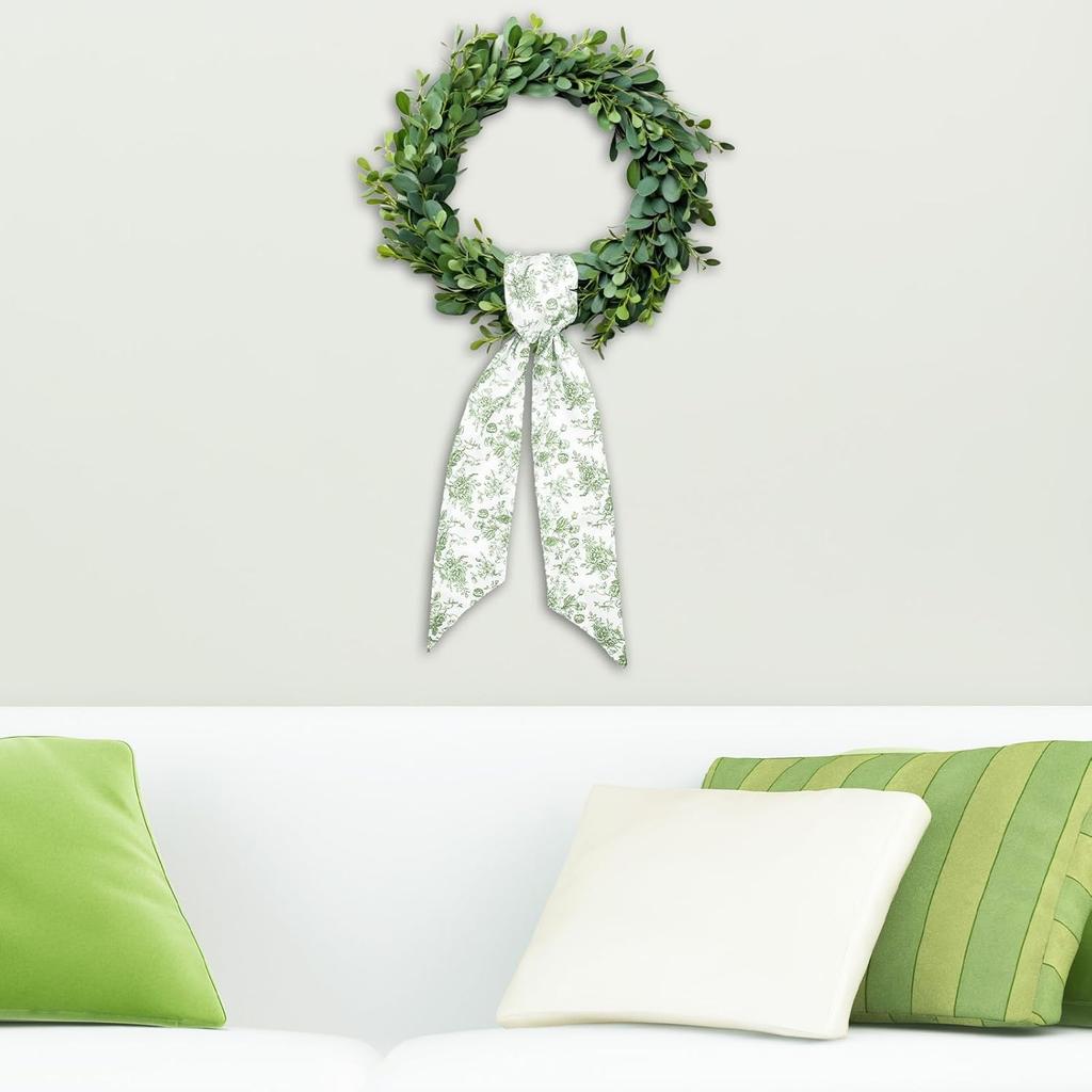 Whaline 2Pcs Green Flower Wreath Sash for Front Door Chinoiserie Floral Garland Ribbon for Holiday Party Home Decor Indoor Outdoor