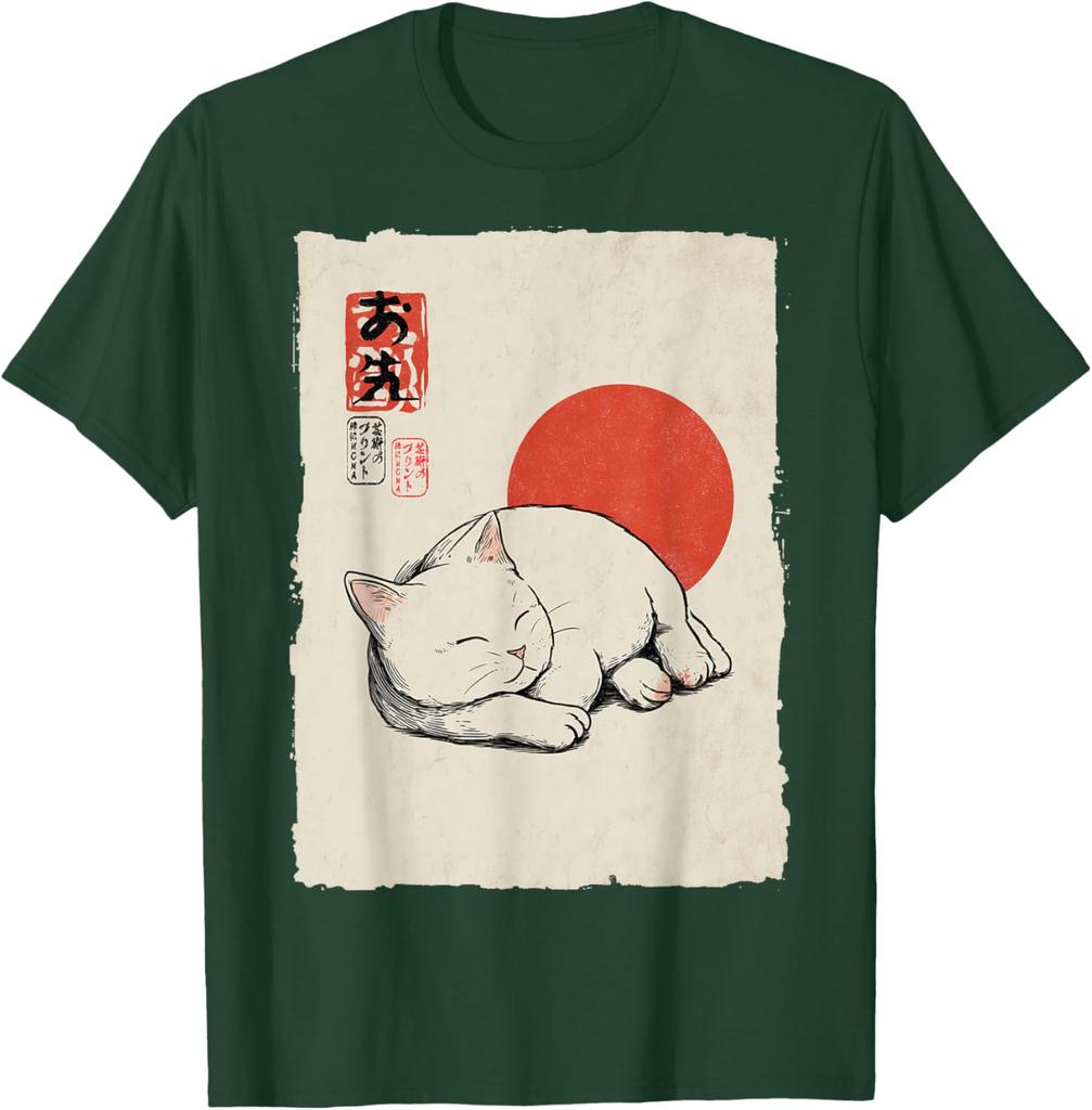 Gatto Bianco Dormiente Arte Giapponese Stile Ukiyo E Maglietta Grafica Casual in Cotone