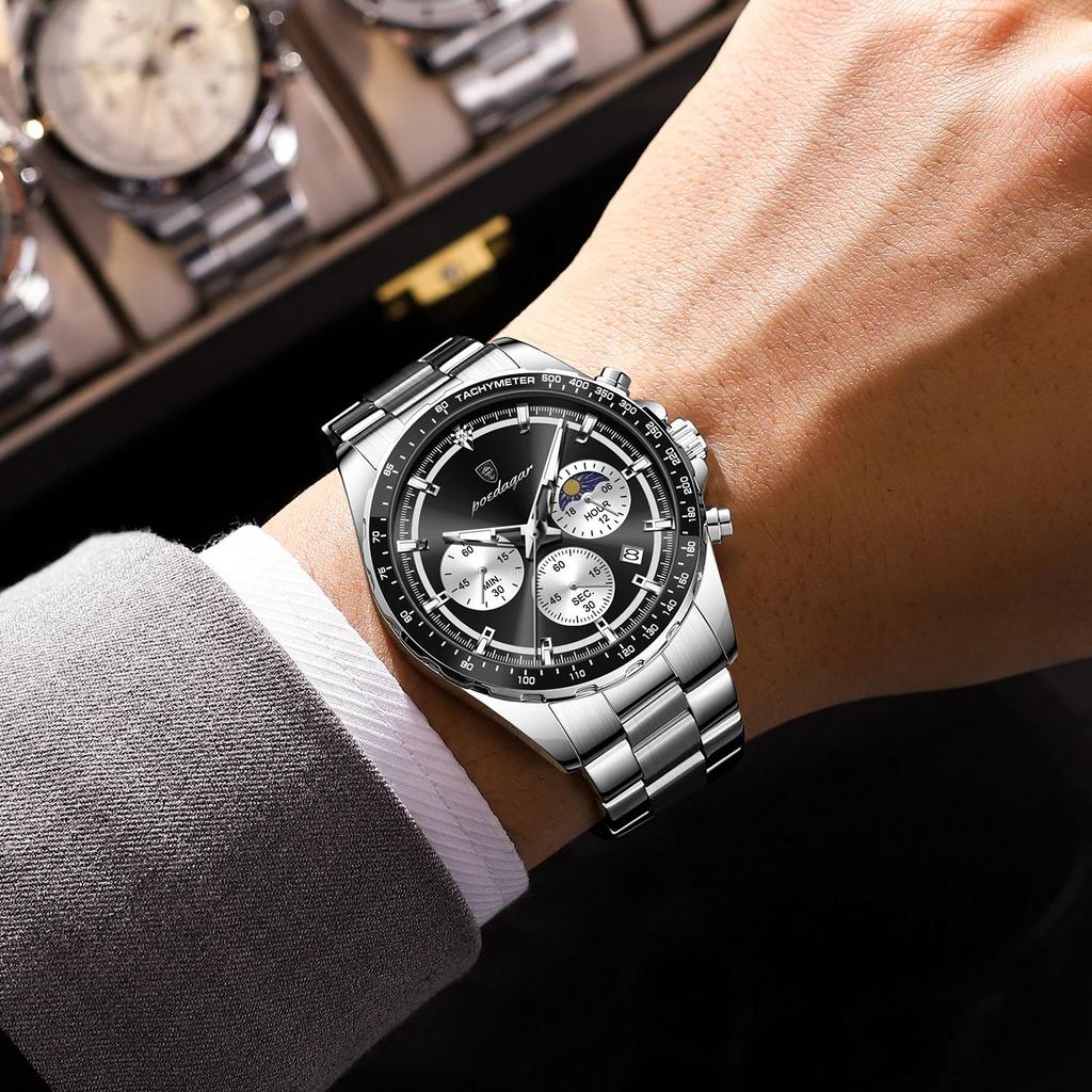 POEDAGAR Luxus Sportuhr für Herren Wasserdicht Leuchtend Datum Chronograph Herren Armbanduhr Edelstahl Herren Quarzuhren+Box