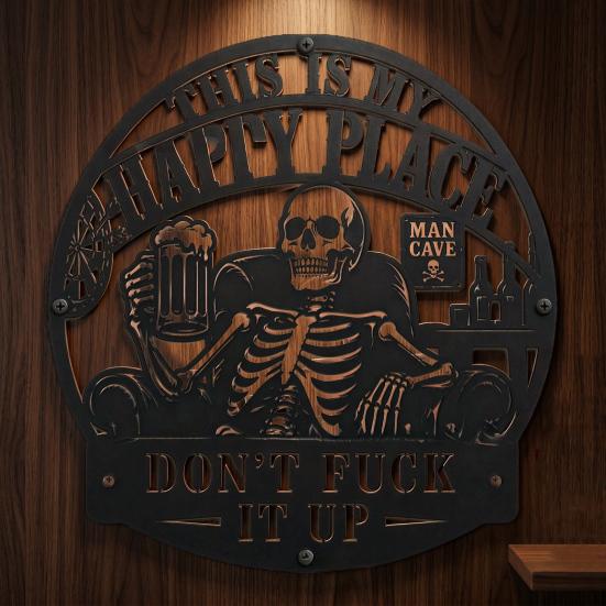Wall Decoration Metal Art Sign with Skull Slogan Design Pre-Drilled Holes Easy Install Decorative Plaque Rustproof Decor for Garage, Workshop,