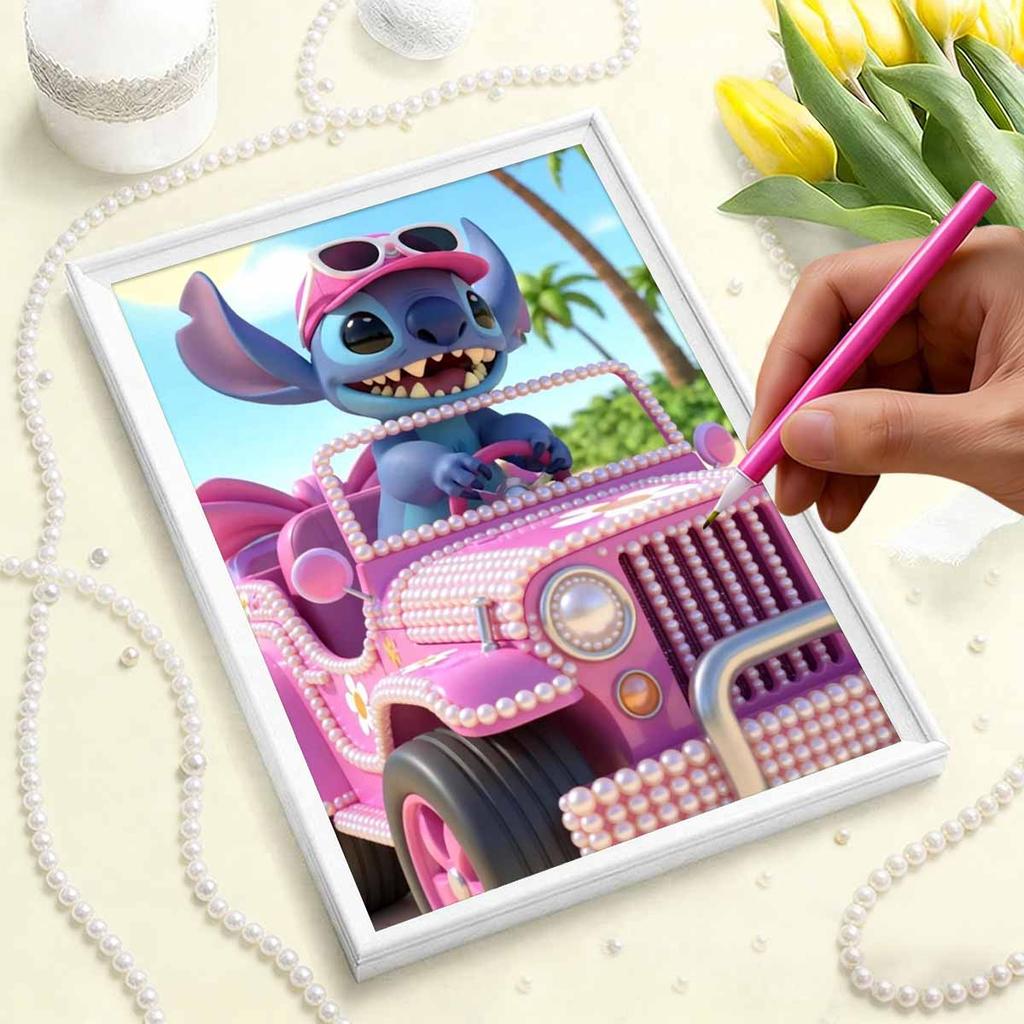 Disney Pearl Painting Stitch Pink ATV Vacation Creative Art 5D Exquisite Landscape Sparkling Craft Home Wall Decoration DIY Handmade Gift