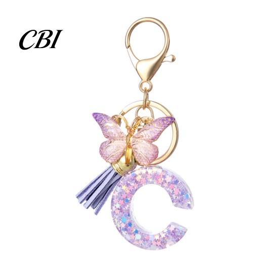 Letter A-Z Key Holder Purple Series Keychain Pendant, Sequins Star Initial Charm Chain with Organizer Accessory Butterfly Tassel Design, for Bag Purse C