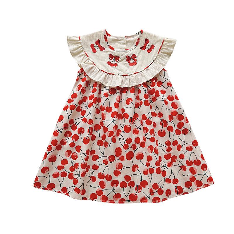 Girls Summer Cherry Embroidered Sleeveless Dress With Ruffled Hem Sweet Princess Party Dress For Kids