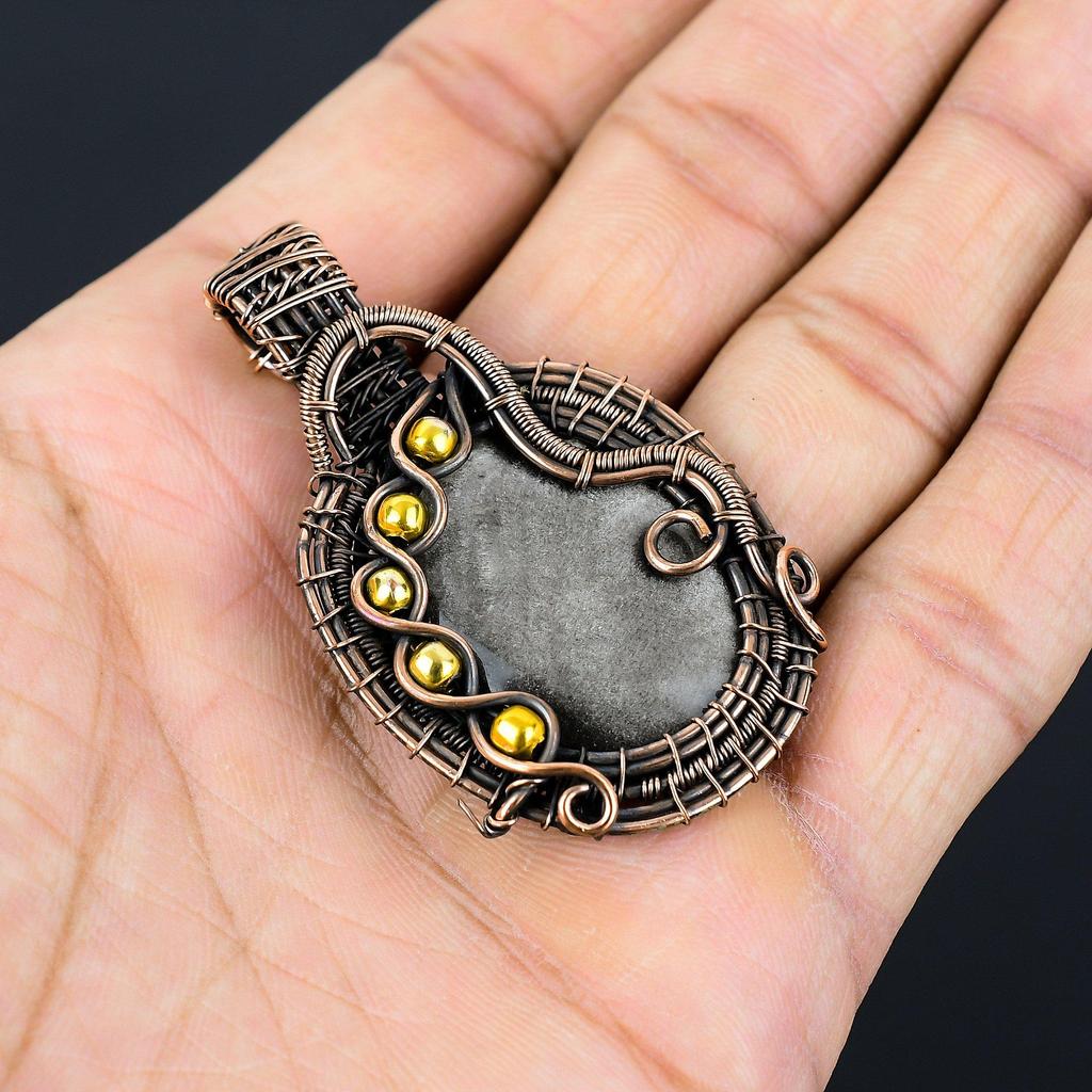 Πολύτιμος λίθος από ασημί γυαλάδα οψιδιανός από καθαρό σύρμα χαλκού τυλιγμένο χειροποίητο κρεμαστό κόσμημα για δώρο