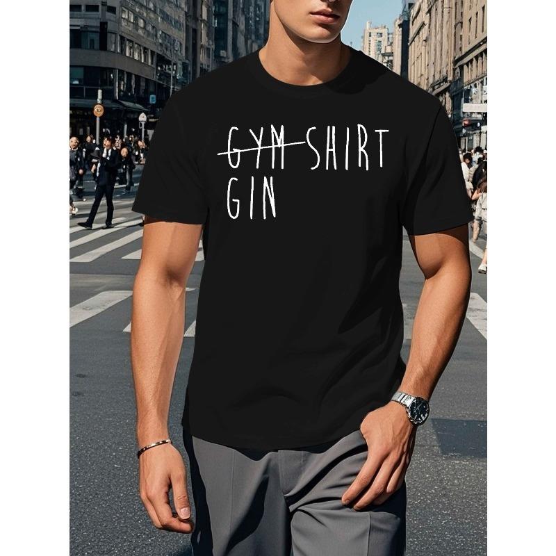 Men'S Casual Crew Neck T-Shirt, Gym GIN Short Sleeve Top, Slight Stretch, Regular Fit, Geometric Pattern, Summer Wear
