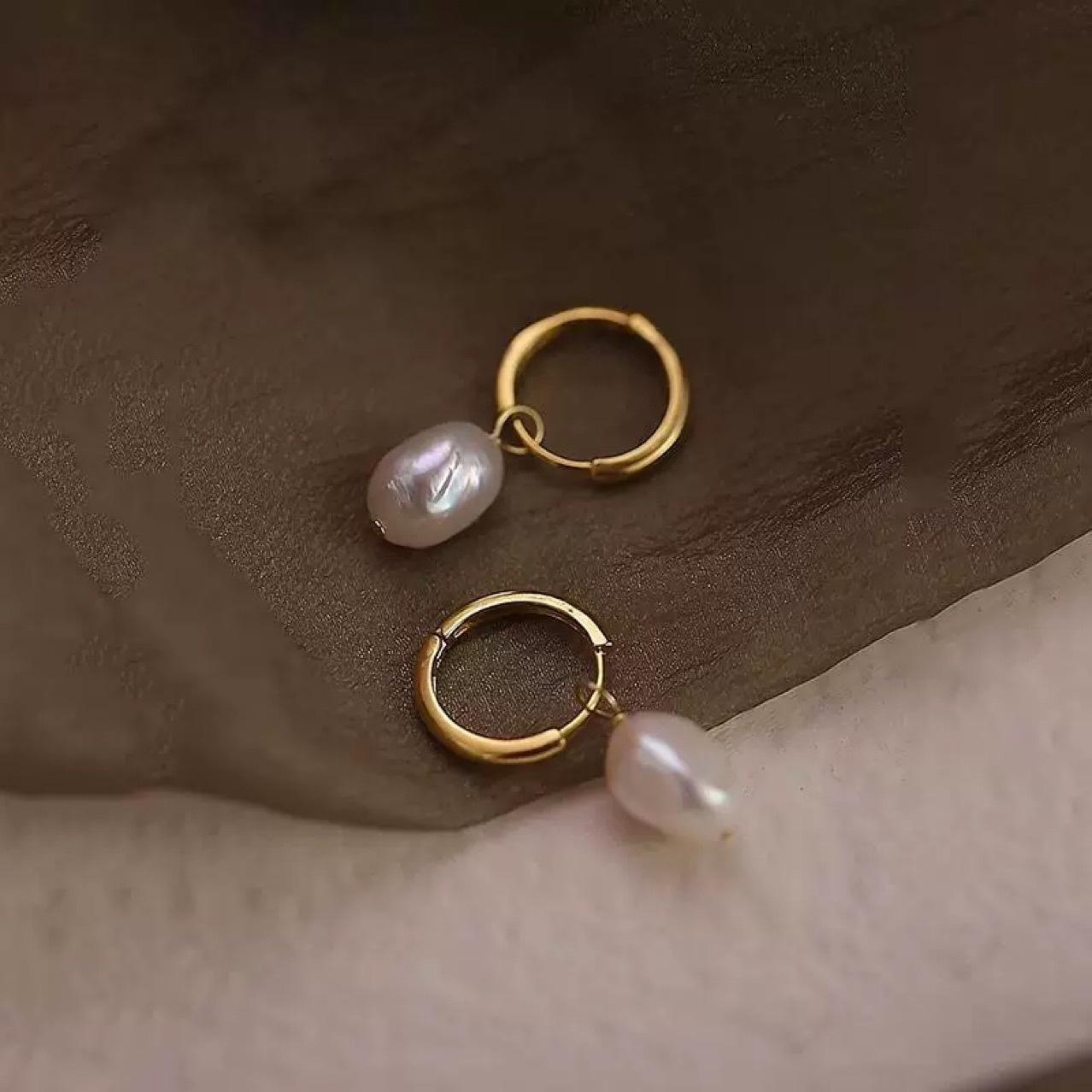 

Dainty 7-8mm Natural Freshwater Pearl Hoop Earrings For Women Femme 14K Real Gold Plated Copper Wedding Bridal Jewelry