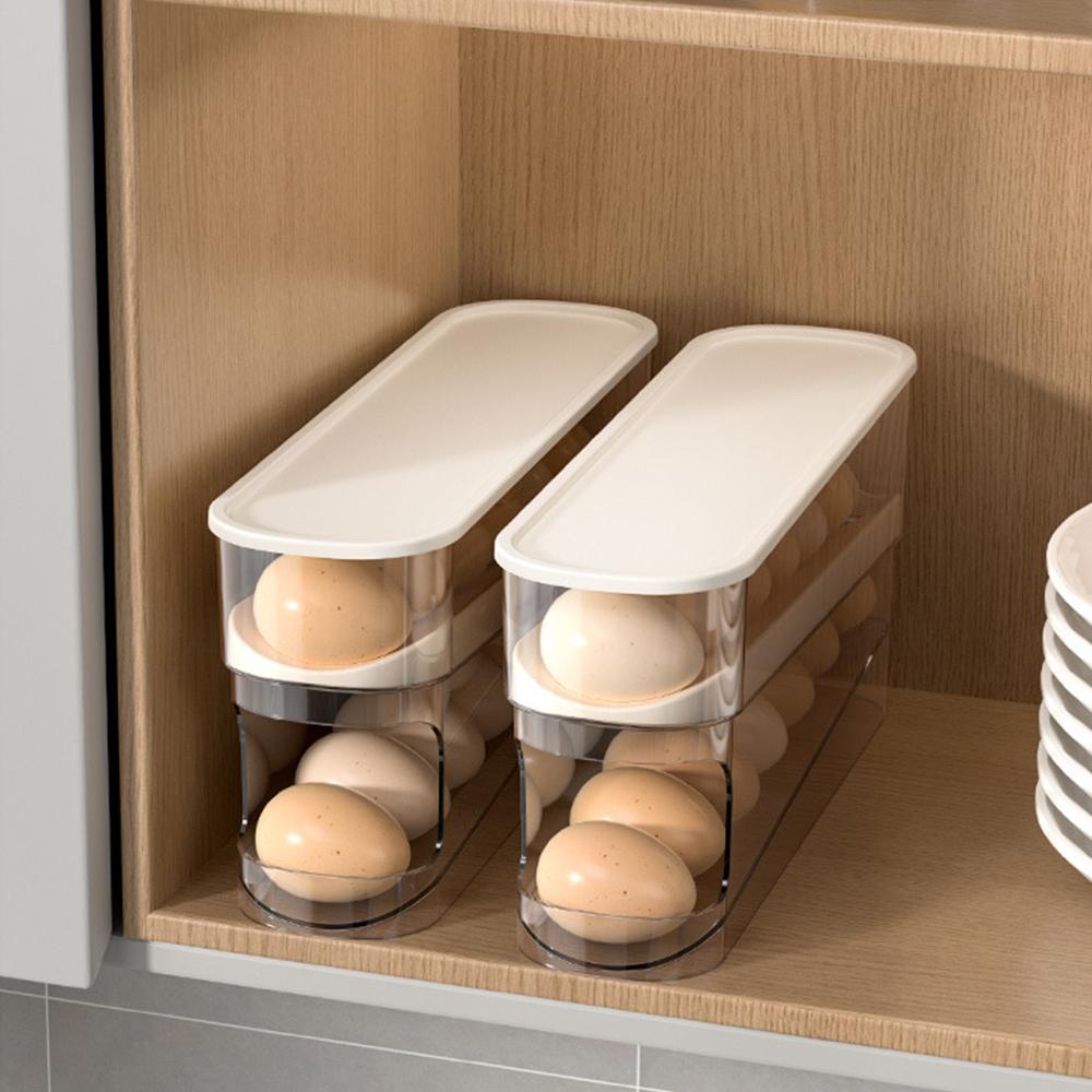 Large Capacity Refrigerator Egg Holder Organizer Automatic Scrolling Transparent Drawer Box Case Double Layer Egg Tray Egg Storage Box