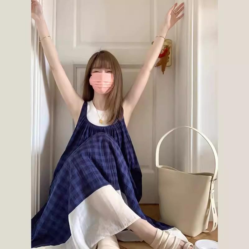 

Women s Blue Plaid Spaghetti Strap Dress - Petite French Summer Style with Sweet Vest and Long Flowing Skirt XL (Premium) синій