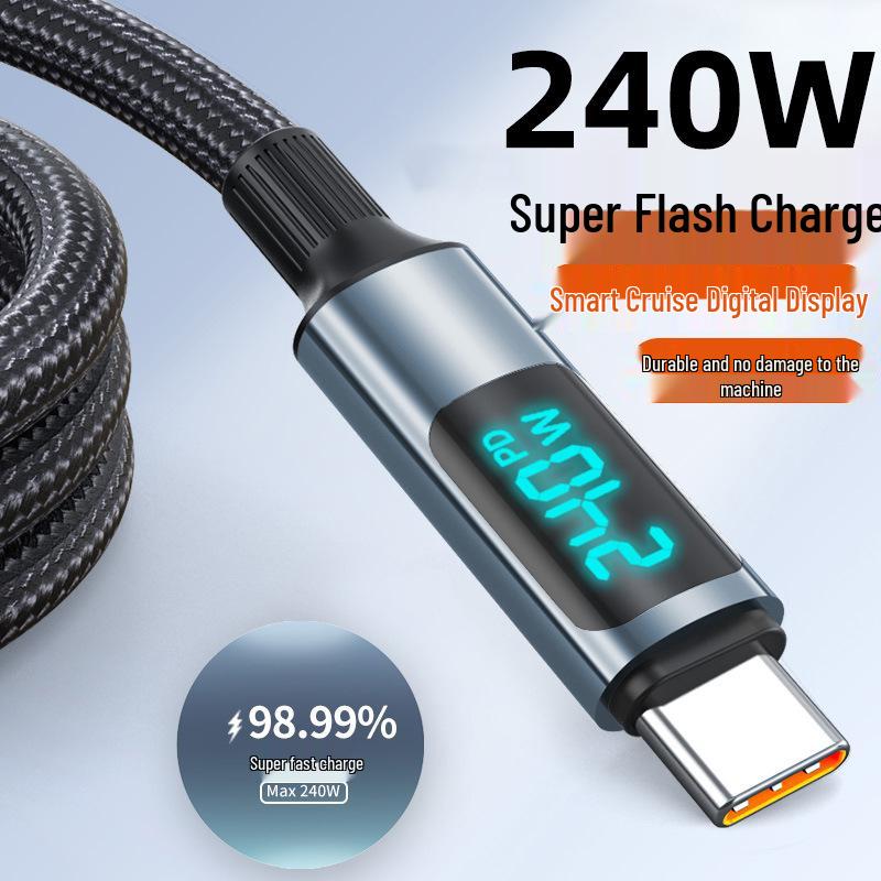 240W Super Fast Type-C Braided Charging Cable, Digital Display, Compatible with Apple, Huawei Honor 6A