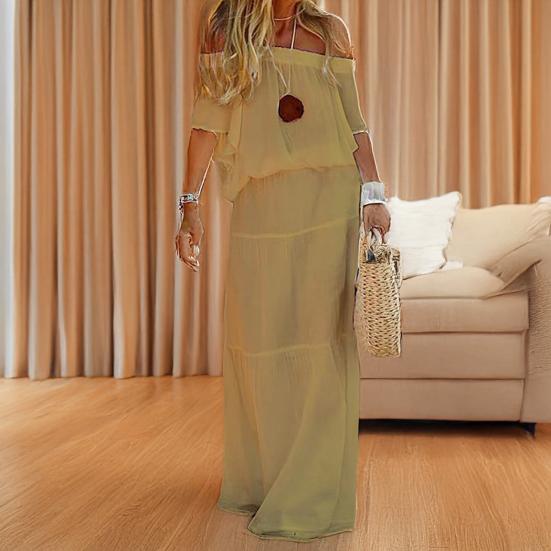 Casual Dress Off Shoulder Short Sleeve Elastic Waist Women Dress Solid Color Loose Cut