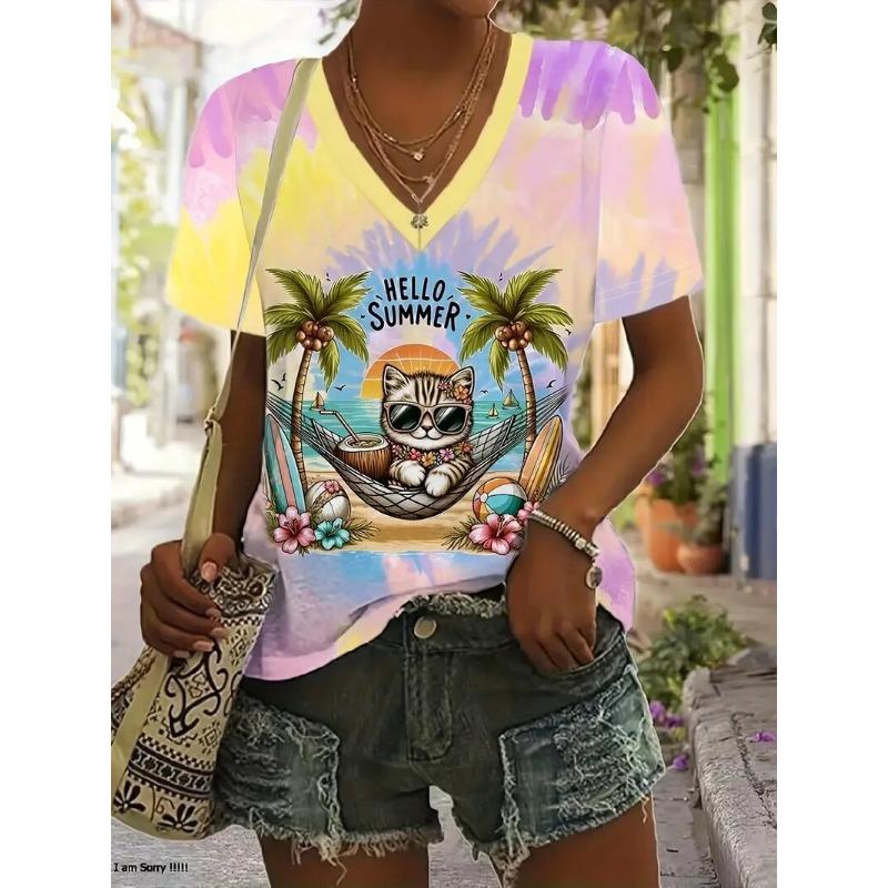 Women's T-Shirt Coconut Tree Pattern 3d Printing Fashion Casual V-Neck Short-Sleeved Beach Style Outdoor Women's Clothing