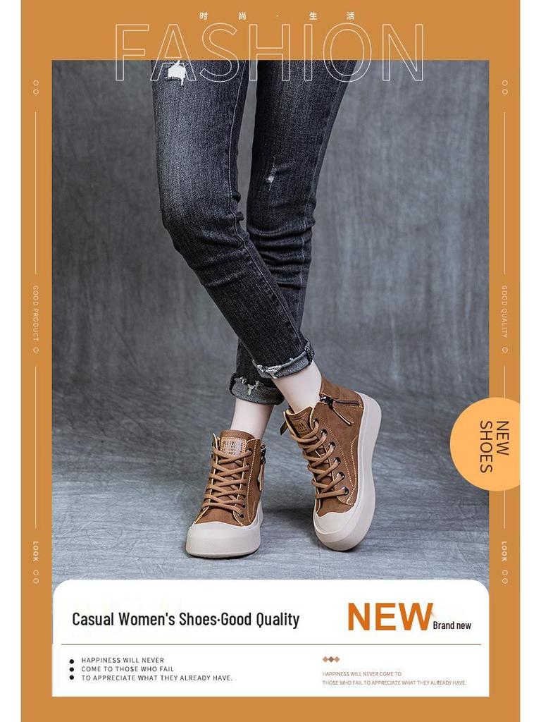 Women's High-Top Leather Retro Sneakers, Plus Velvet, Autumn 2023, Sizes 40-43.