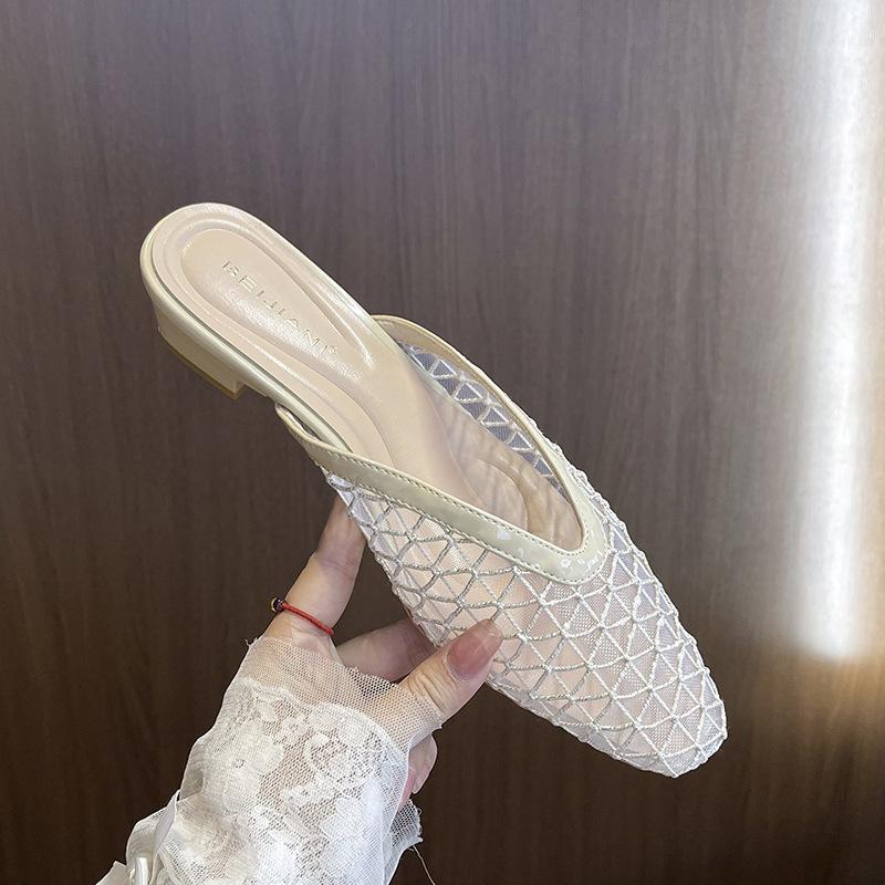 

Плетені сітчасті порожнисті сумки сандалі жіночі нові ніжні темпераментні квадратний носок півшльопанці 40 абрикосовий