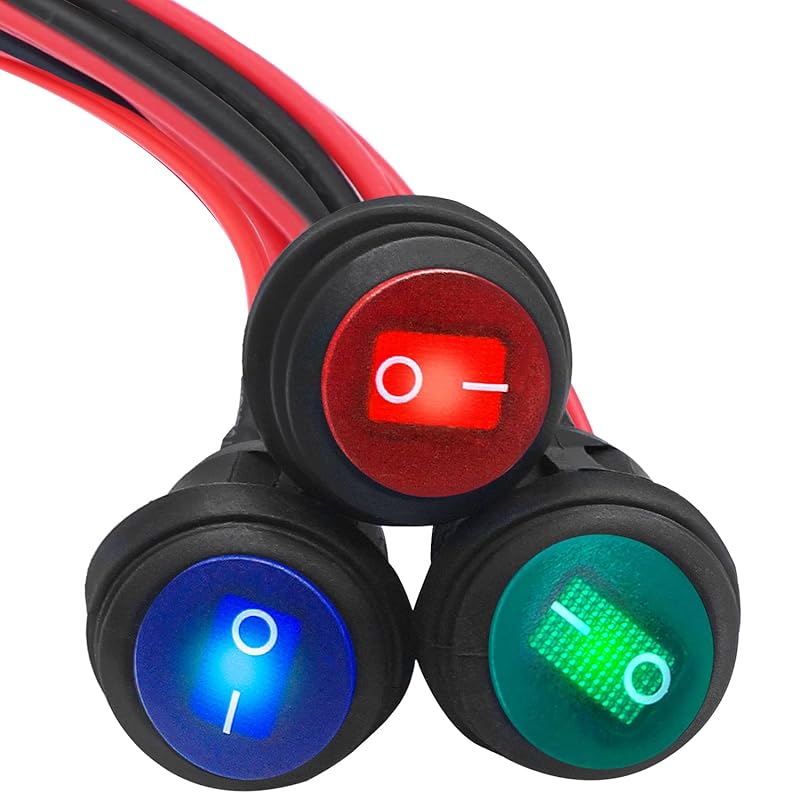 Mankk 4Pcs Round Rocker Switch 12V Waterproof Toggle Switch SPST 3 Pin ON/Off Blue LED Lighted with Pre-soldered Wires for Car Auto Boat Trucks