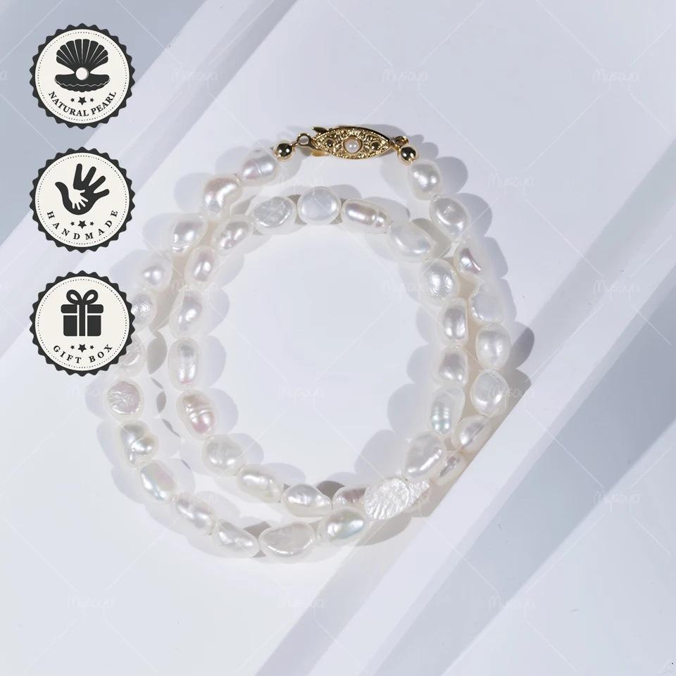 MYSOYA White Baroque Freshwater Pearl Necklace with Gold Clasp, 5-6mm, Japan C566. 35cm choker