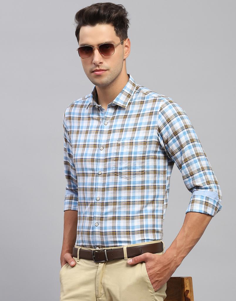 Monte Carlo Mens Blue Checkered Spread Collar Full Sleeve Casual Shirt