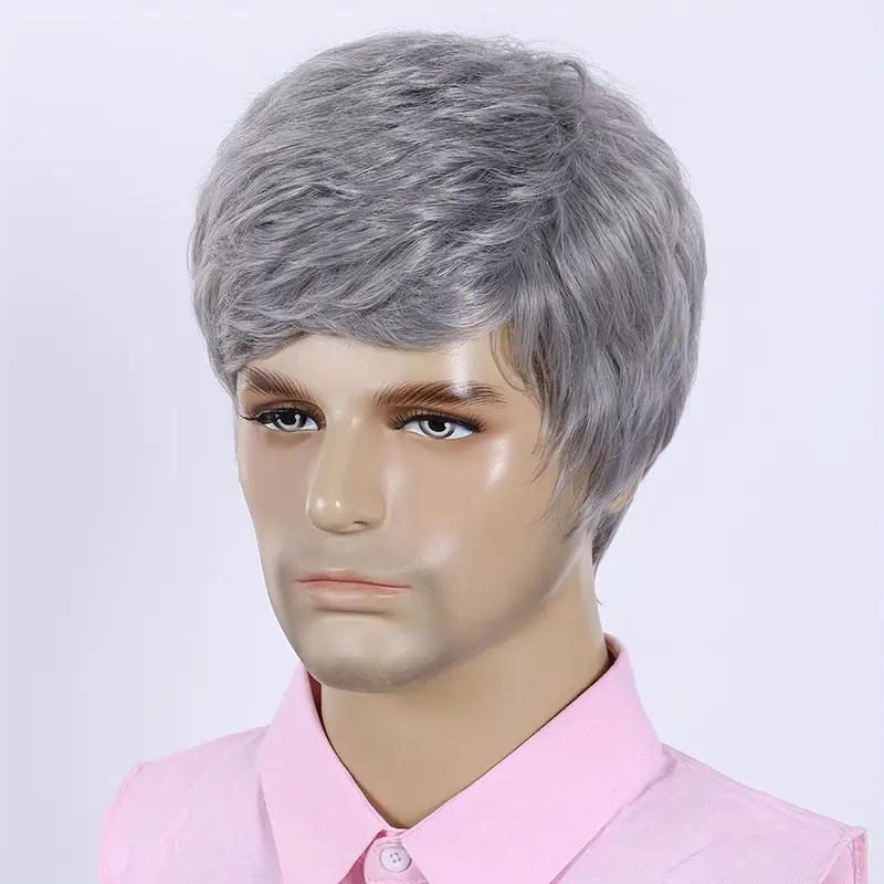 Light Grey Men Wig Synthetic Short Hair Wig with Bangs Natural Curly Hairstyle Elderly Wig Male Cosplay Halloween Party