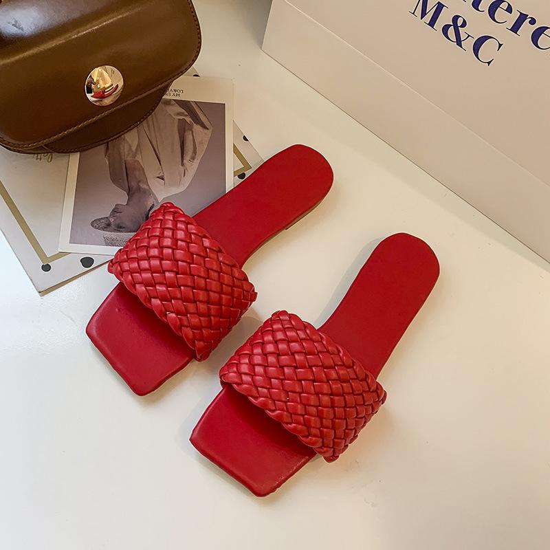 Women's Summer Clip On Flat Bottomed Slippers Casual Square Head Knitted Strap Beach Sandals Shoes 35-42