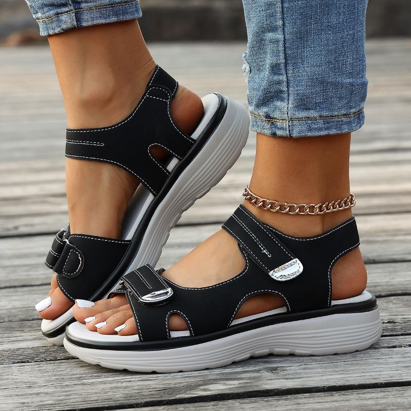 Plus Size Women Sporty Hook & Loop Peep Toe One Strap Casual Sandals