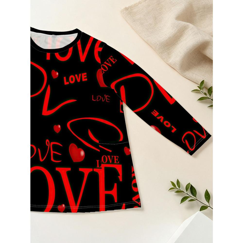 Women's Plus Size with Pocket Design Red LOVE Printed Long Sleeve T-Shirt
