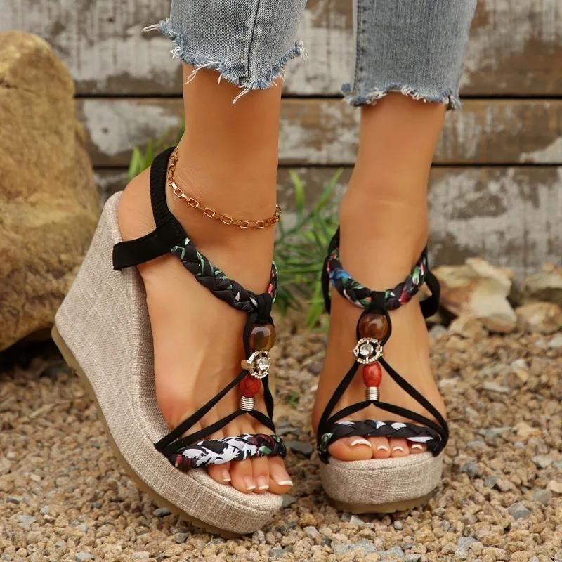 Fashion Women's Shoes 2025 Elastic Band Women's Sandals Fashion Casual Sandals Women String Bead Plus Size Super High Wedge Shoes Female