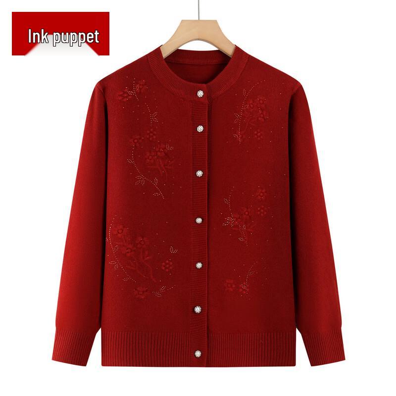 Women's Floral Embroidered Crew Neck Knit Cardigan for Seniors