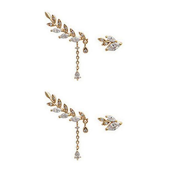 Ear Studs Asymmetric Anti-rust Women Leaf Rhinestone Tassel Earrings for Wedding
