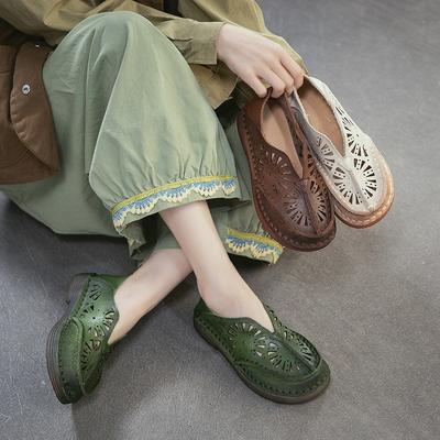 Echt Leer Retro Uitgesneden Ademende Sandalen Veelzijdige Comfortabele Instappers voor Dames