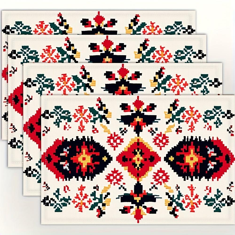 4pcs Traditional Pattern Linen Table Mats, 12x18 Inch - Vibrant Floral & Geometric Design, Machine Washable, Perfect for Kitchen, Dining Room, and
