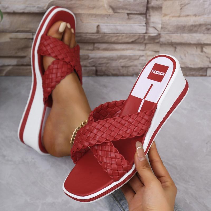 Women Wedge Slippers New Summer Platform Sexy Shoes Braided Square Toe Flat Sandals Beach Slides Home Women Shoes