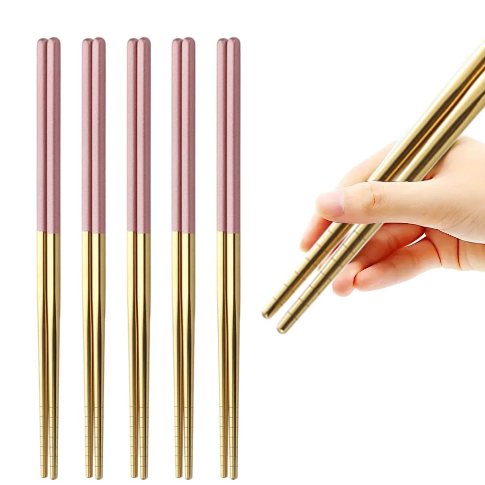 5Pairs Metal Stick Chopsticks Stainless Steel White Gold Non-slip Sushi Korean Japanese Chopstick Reusable Kitchen Tableware