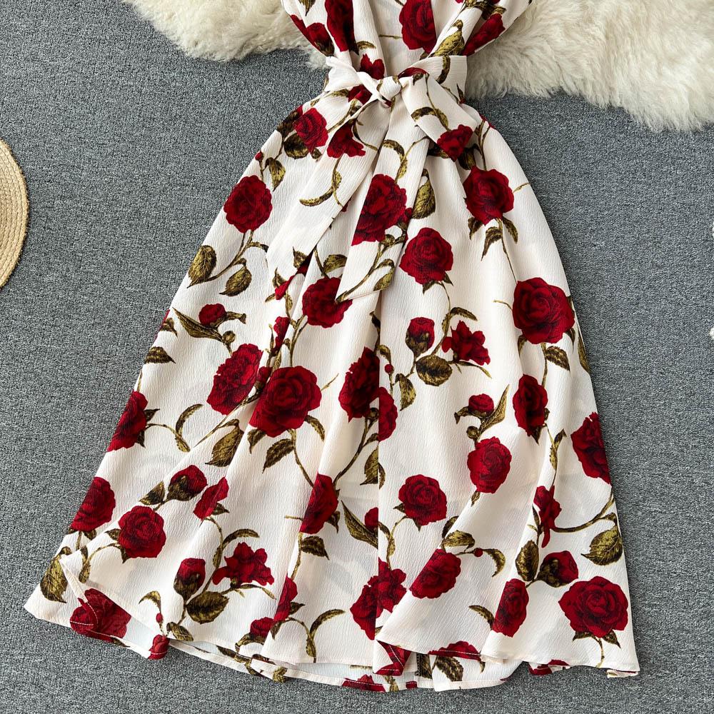 RUGOD Retro Print Dress 2022 Summer New Goddess Fan Temperament V-Neck Tie Waist Thin Mid-Length Dress