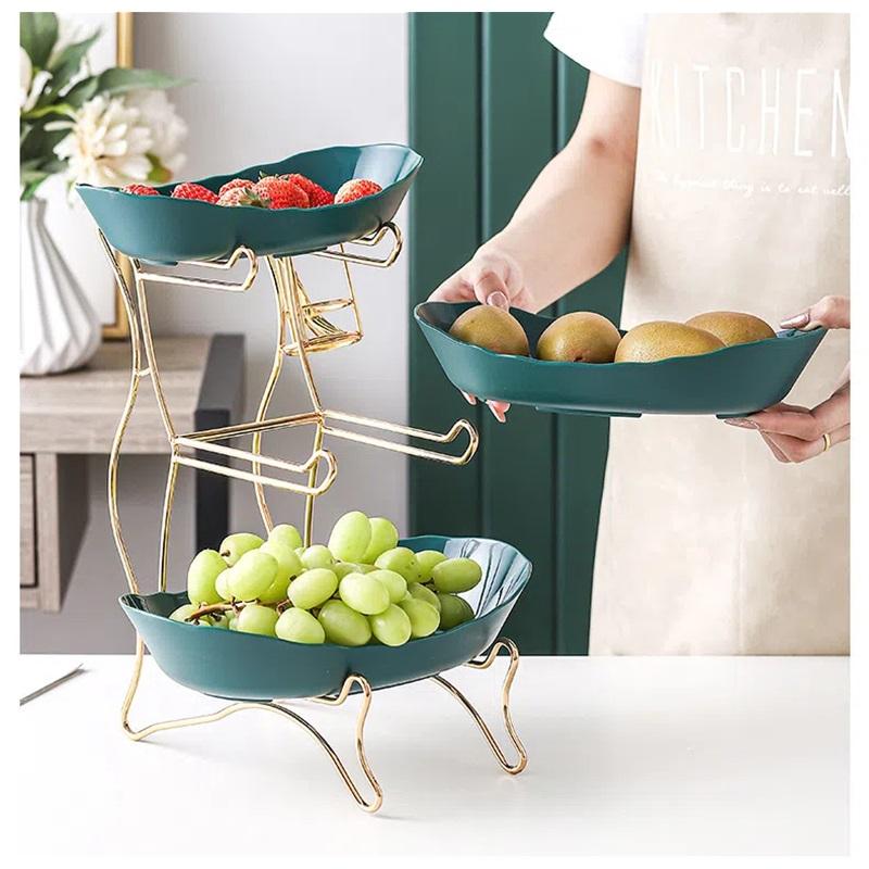 Nordic Creative Durable Plastic Fruit Plate With Wooden And Iron Stand Two Tier Three Tier Fruit Bowl For Living Room Modern Design