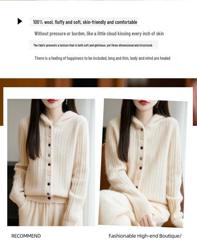 Women's Thickened Hooded Wool Cardigan: Autumn/Winter Simple Casual Cable Knit Sweater Coat