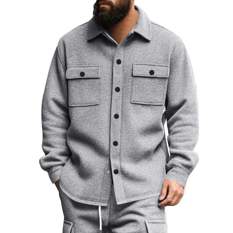 American Casual Men'S Clothing Fleece Lapel Multi-Pocket Single-Breasted Solid Color Casual Jacket Men