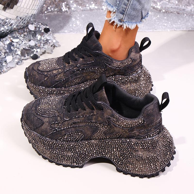 Fashion Luxury Rhinestone Chunky Sneakers for Women Fashion Purple Denim Platform Sports Shoes Woman Non Slip Thick Sole Vulcanize Shoes